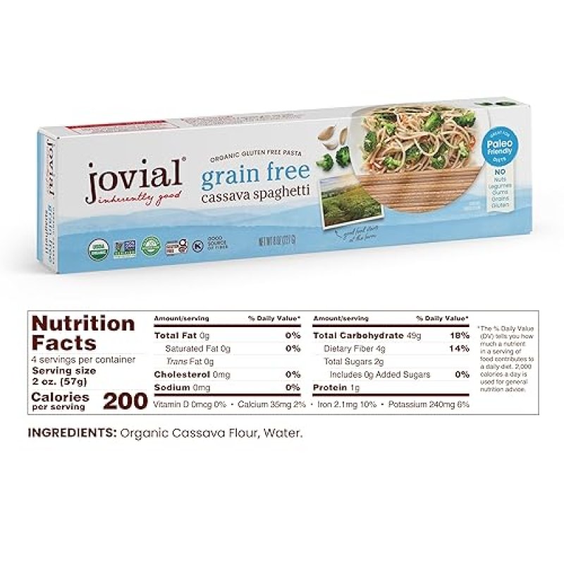 JOVIAL GRAIN-FREE CASSAVA SPAGHETTI - ORGANIC GLUTEN-FREE PALEO PASTA NOODLES, 8OZ, 6 PACK