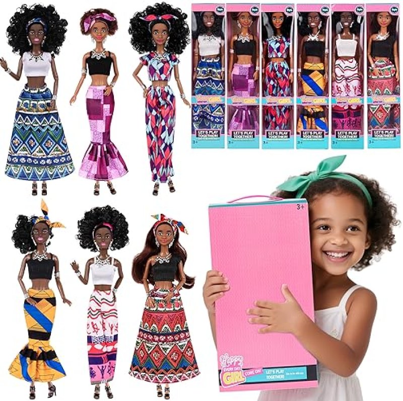 DOLLBIE 6 PACK 11.5 AFRICAN AMERICAN FASHION DOLLS SET WITH MIX MATCH OUTFITS, ACCESSORIES GIFT CASE