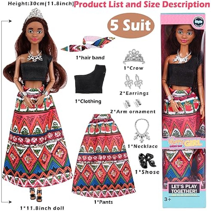 DOLLBIE 6 PACK 11.5 AFRICAN AMERICAN FASHION DOLLS SET WITH MIX MATCH OUTFITS, ACCESSORIES GIFT CASE