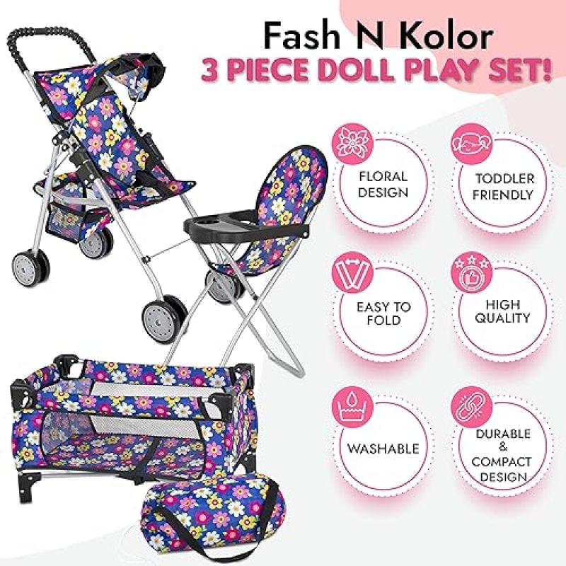 FASH N KOLOR 3-PIECE BABY DOLL PLAY SET WITH STROLLER, HIGH CHAIR PACK N PLAY FITS 18 DOLL