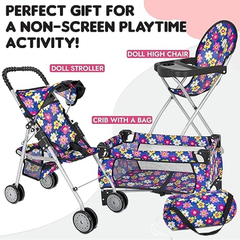 FASH N KOLOR 3-PIECE BABY DOLL PLAY SET WITH STROLLER, HIGH CHAIR PACK N PLAY FITS 18 DOLL
