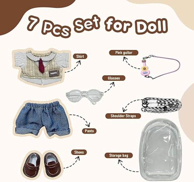 YEYMEILR 5-PCS DOLL CLOTHES SET FOR 15-17CM DOLLS WITH STORAGE BAG ADJUSTABLE STRAP SHIRT, PANTS, SHOES, GUIT
