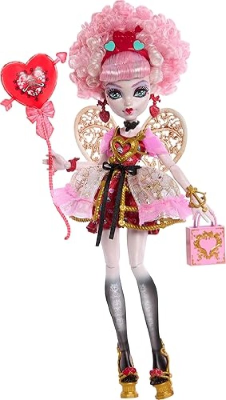 MATTEL MONSTER HIGH CUPID ASTERIA BIRTHDAY DOLL IN PINK RED DRESS WITH PARTY ACCESSORIES SET