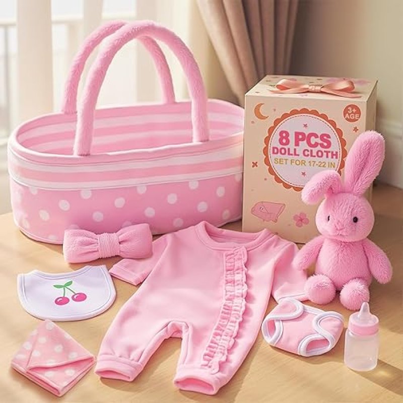 BABESIDE 8-PC BABY DOLL CLOTHES BASSINET SET FOR 17-22 INCH REBORN NEWBORN DOLLS