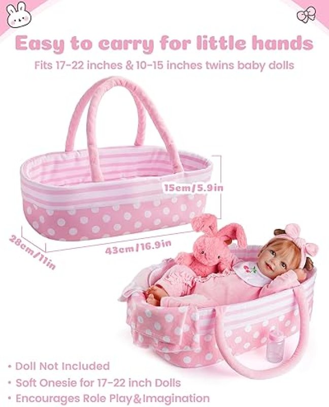 BABESIDE 8-PC BABY DOLL CLOTHES BASSINET SET FOR 17-22 INCH REBORN NEWBORN DOLLS