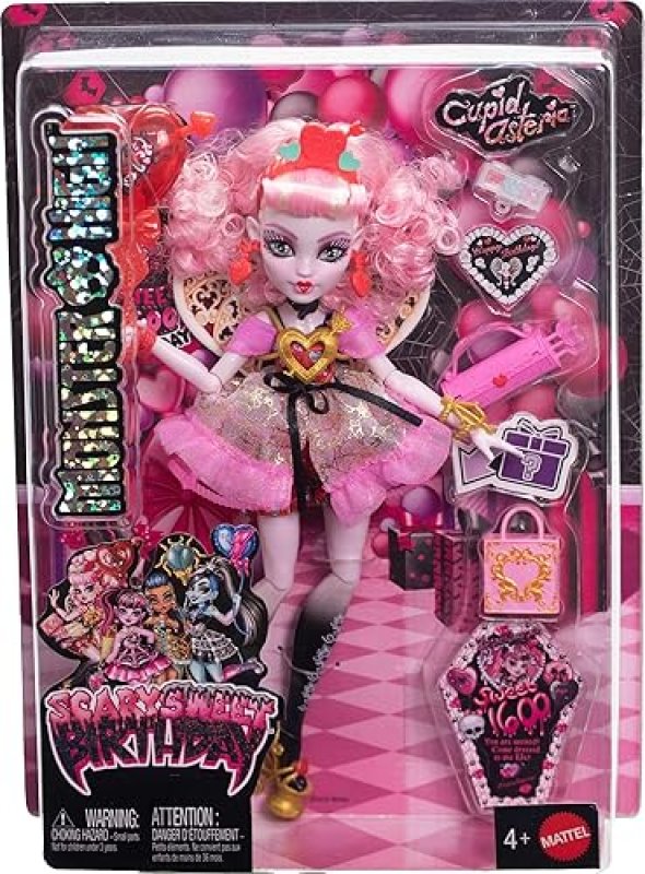 MATTEL MONSTER HIGH CUPID ASTERIA SCARY SWEET BIRTHDAY DOLL WITH PARTY DRESS THEMED ACCESSORIES