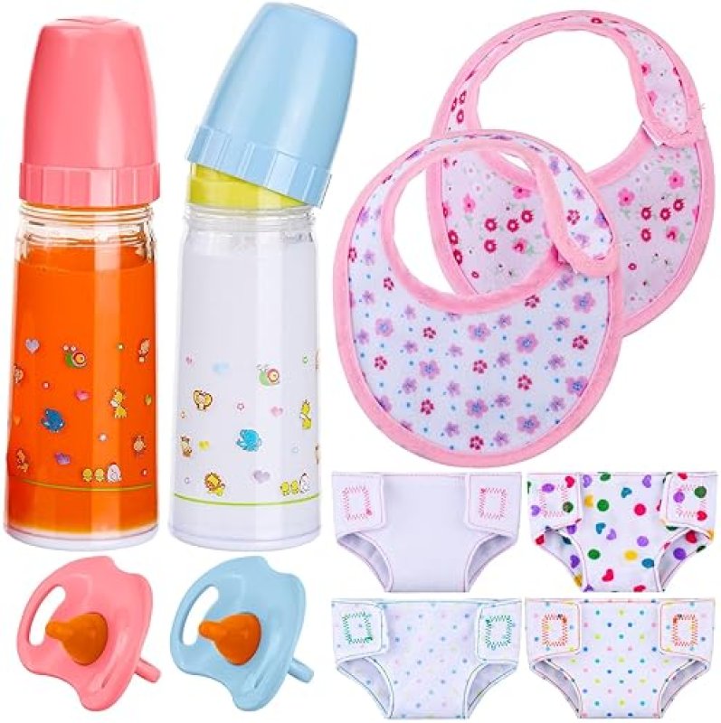 SHAPPY 10-PIECE BABY DOLL ACCESSORIES SET WITH BOTTLES, PACIFIER, BIBS DIAPERS FOR GIRLS GIFT
