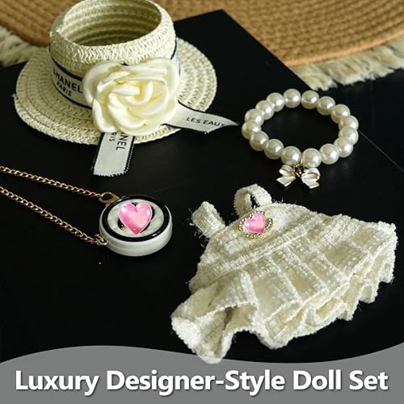 LAFUFU 17CM DOLL CLOTHES SET WITH HAT, PEARL NECKLACE BAG LUXURY BABY DOLL OUTFITS WHITE