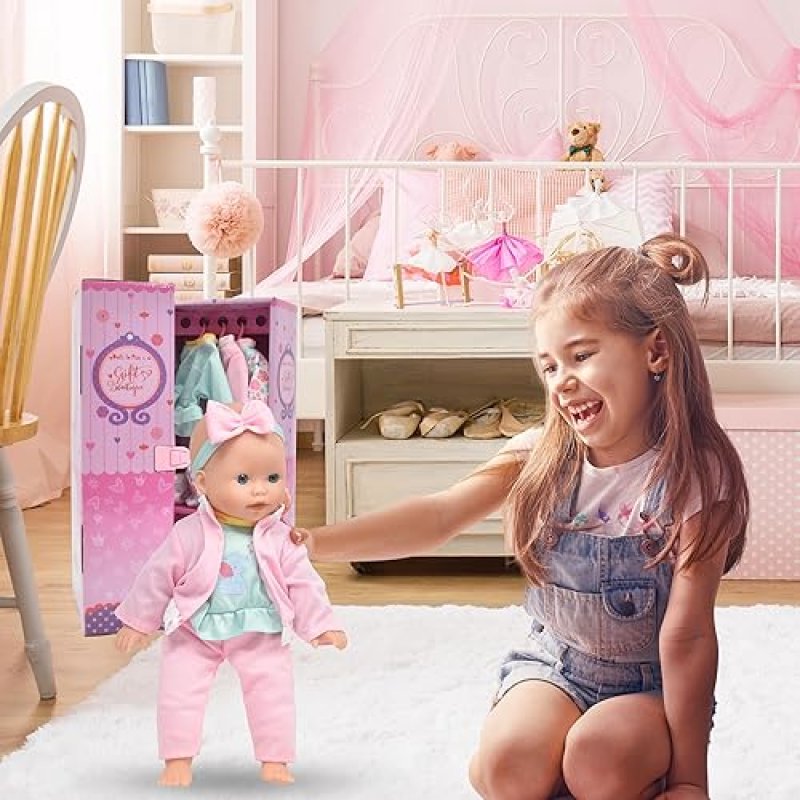 BABY DOLL WITH CLOTHES, HANGERS, TEDDY TOY BLOCKS PLAYSET KIDS GIFT SET OF 4