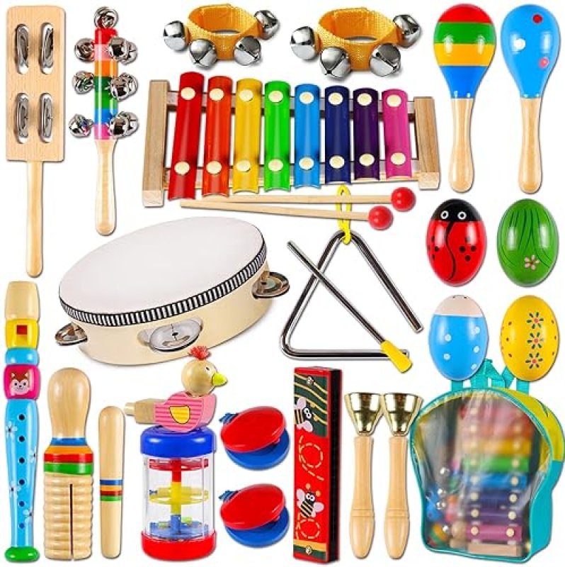 LOOIKOOS TODDLER WOODEN MUSICAL INSTRUMENTS SET EDUCATIONAL PERCUSSION TOYS WITH STORAGE BAG