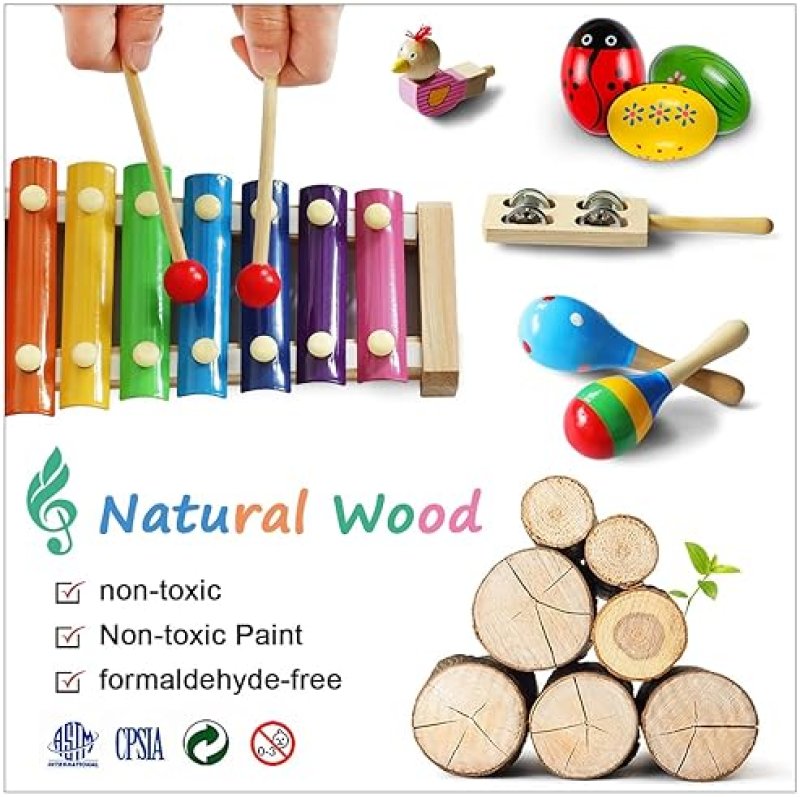LOOIKOOS TODDLER WOODEN MUSICAL INSTRUMENTS SET EDUCATIONAL PERCUSSION TOYS WITH STORAGE BAG
