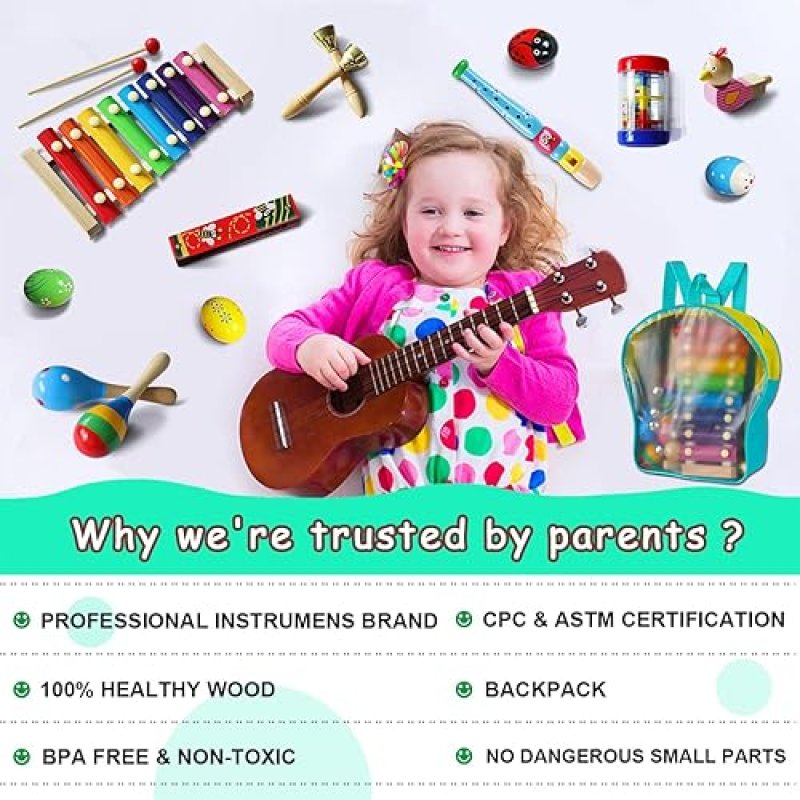 LOOIKOOS TODDLER WOODEN MUSICAL INSTRUMENTS SET EDUCATIONAL PERCUSSION TOYS WITH STORAGE BAG