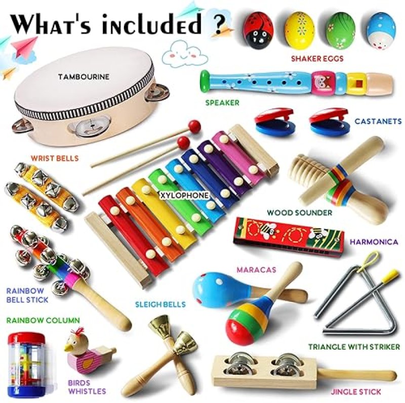 LOOIKOOS TODDLER WOODEN MUSICAL INSTRUMENTS SET EDUCATIONAL PERCUSSION TOYS WITH STORAGE BAG