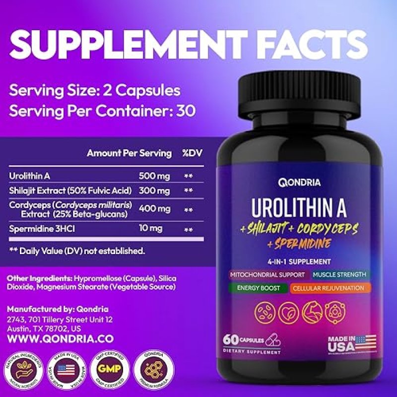 QONDRIA UROLITHIN A 500MG WITH SPERMIDINE, SHILAJIT CORDYCEPS CELLULAR ENERGY HEALTHY AGING