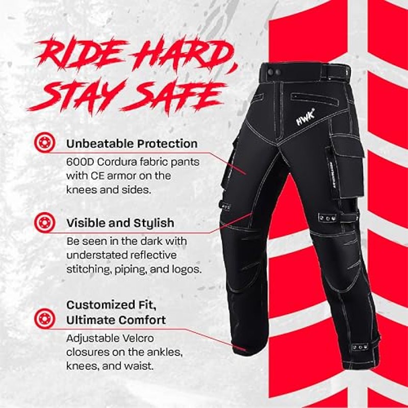 HWK MENS DUAL SPORT MOTORCYCLE PANTS WATER RESISTANT CORDURA WITH IMPACT PROTECTION ARMOR