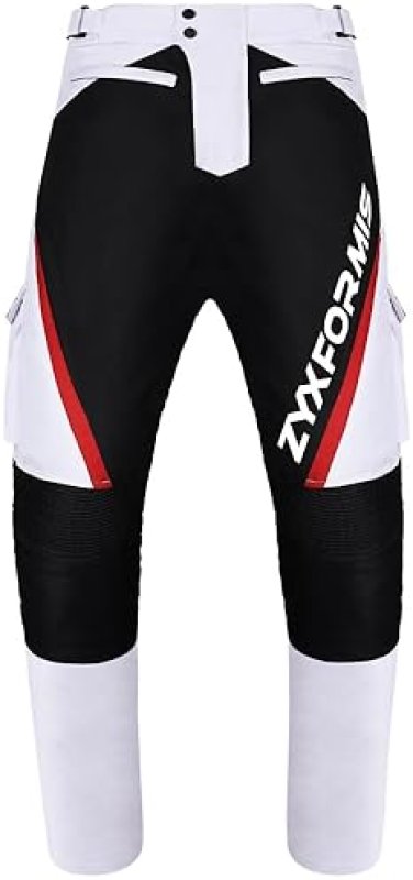 ZYXFORMIS MEN S WATERPROOF WINDPROOF MOTORCYCLE RIDING PANTS WITH REMOVABLE ARMOR ALL SEASON WHITE