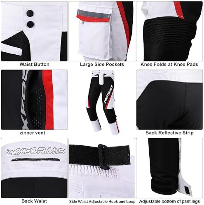 ZYXFORMIS MEN S WATERPROOF WINDPROOF MOTORCYCLE RIDING PANTS WITH REMOVABLE ARMOR ALL SEASON WHITE