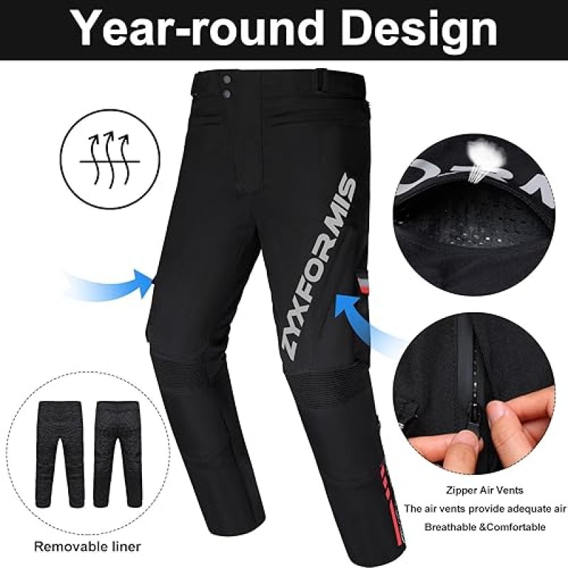 ZYXFORMIS MEN S WATERPROOF WINDPROOF MOTORCYCLE RIDING PANTS WITH REMOVABLE ARMOR ALL SEASON WHITE