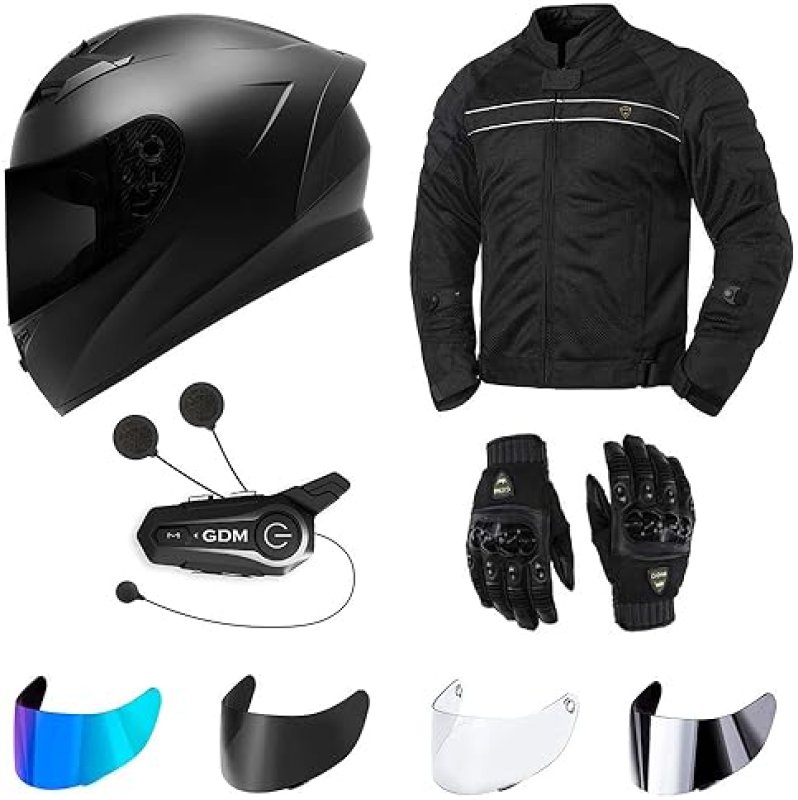 GDM MOTORCYCLE PROTECTIVE GEAR BUNDLE - HELMET, JACKET, GLOVES, SHIELDS BLUETOOTH INTERCOM