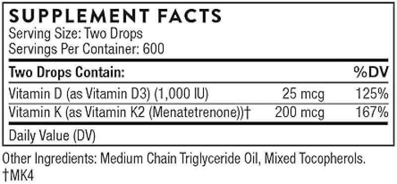 THORNE VITAMIN D3 K2 LIQUID WITH METERED DISPENSER SUPPORTS BONE MUSCLE HEALTH 1 FL OZ