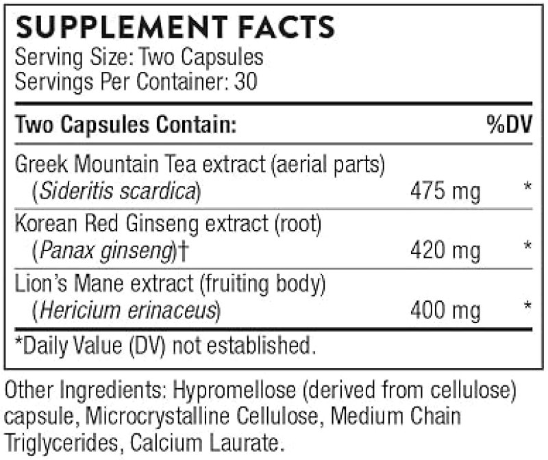 THORNE GINSENG PLUS CAPSULES FOCUS, MEMORY STRESS SUPPORT WITH KOREAN RED GINSENG LIONS MANE