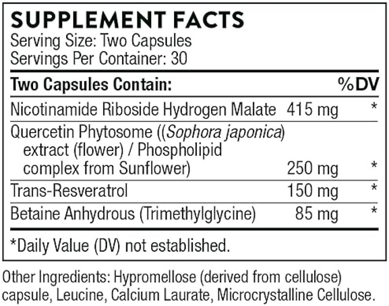 THORNE RESVERACEL NICOTINAMIDE RIBOSIDE WITH QUERCETIN RESVERATROL SUPPORTS HEALTHY AGING