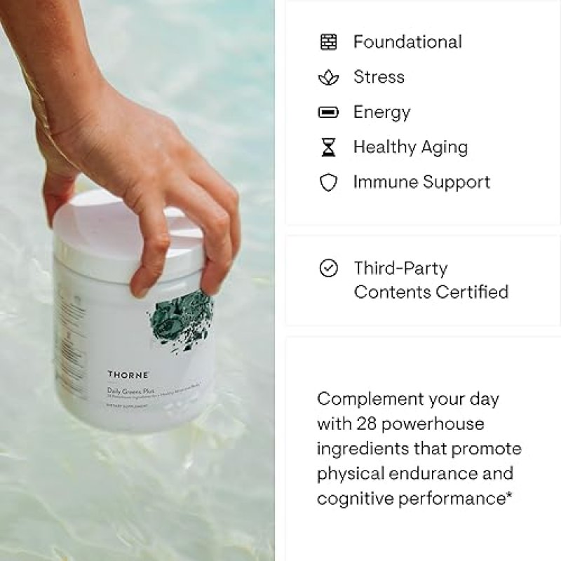 THORNE DAILY GREENS PLUS POWDER MATCHA, SPIRULINA, MORINGA ADAPTOGENS, MINT FLAVOR, 30 SERVINGS