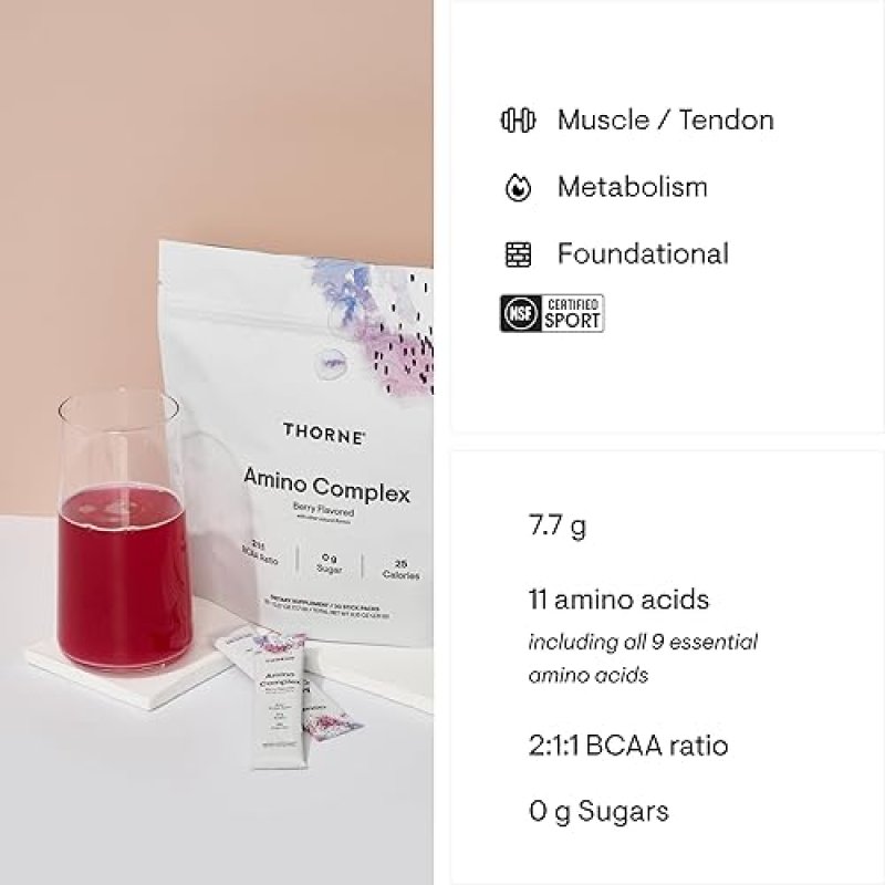 THORNE AMINO COMPLEX EAA BCAA POWDER BOOSTS MUSCLE ENERGY, NSF CERTIFIED, BERRY 30 SERVINGS