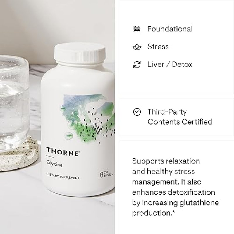 THORNE GLYCINE CAPSULES AMINO ACID FOR RELAXATION, DETOX MUSCLE SUPPORT 250 COUNT