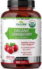 ZAZZEE NATURALS ORGANIC CRANBERRY EXTRACT 25 1, 12,500MG, 100 VEGAN CAPSULES, UTI SUPPORT