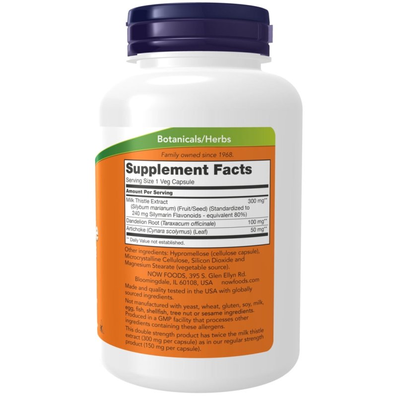 NOW SUPPLEMENTS MILK THISTLE 300MG WITH SILYMARIN 240MG, ARTICHOKE DANDELION, 200 VEG CAPS