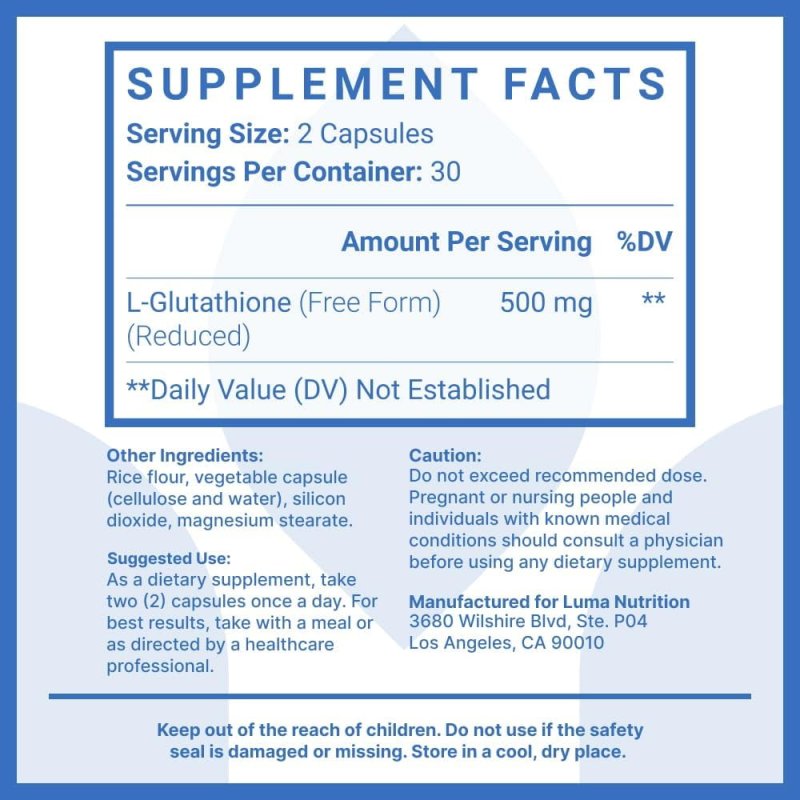 LUMA NUTRITION GLUTATHIONE 500MG CAPSULES ANTIOXIDANT LIVER SUPPORT SUPPLEMENT, 60 COUNT