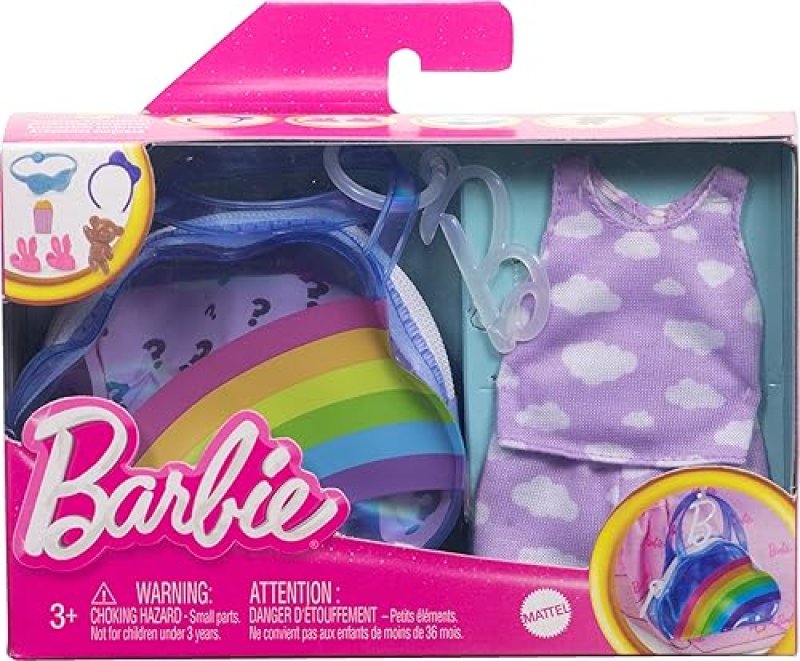 MATTEL BARBIE DELUXE RAINBOW BAG KEYCHAIN WITH PAJAMAS, SLIPPERS SLUMBER PARTY ACCESSORIES