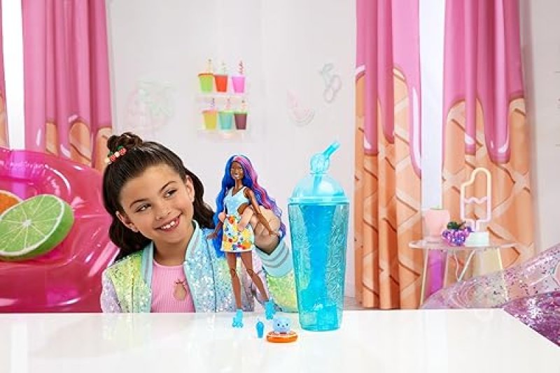 MATTEL BARBIE POP REVEAL DOLL FRUIT PUNCH SCENT BLUE HAIR 8 SURPRISES SLIME COLOR CHANGE PUPPY