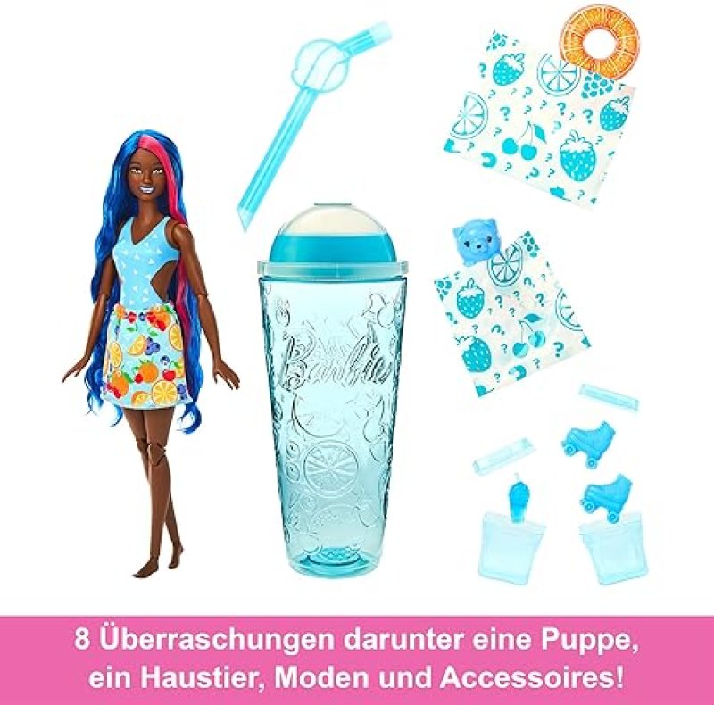 MATTEL BARBIE POP REVEAL DOLL FRUIT PUNCH SCENT BLUE HAIR 8 SURPRISES SLIME COLOR CHANGE PUPPY
