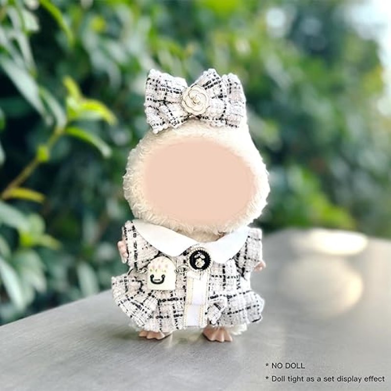 DOLL CLOTHES SET WITH DRESS, HAIR BOW BAG 3-PIECE WHITE OUTFIT KEYCHAIN ACCESSORIES
