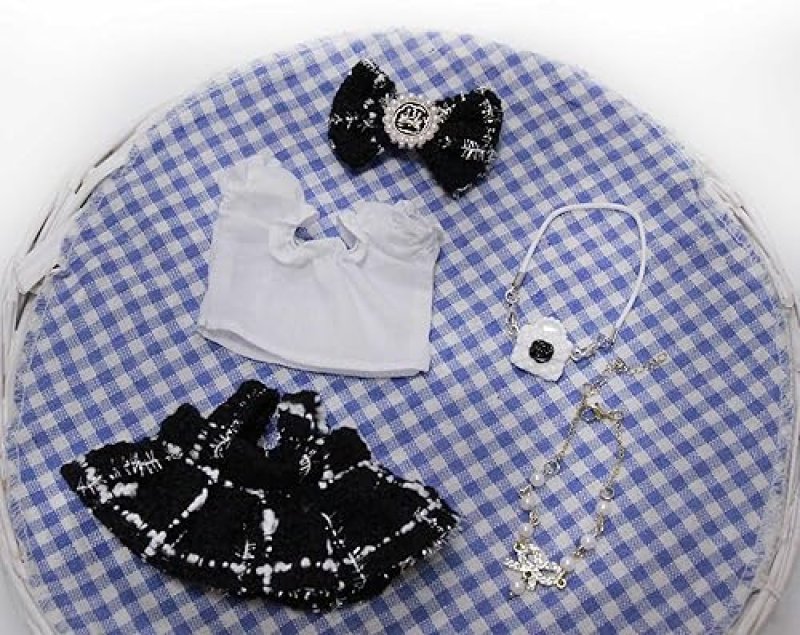 DOLL CLOTHES ACCESSORIES SET - 5-PIECE OUTFIT WITH DRESS, HAIR BOW, NECKLACE BAG