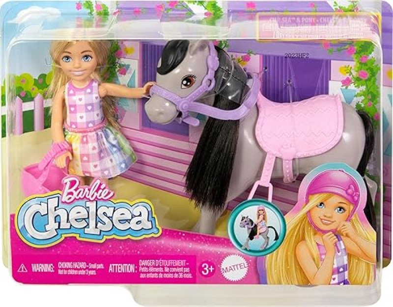 MATTEL BARBIE CHELSEA DOLL GRAY PONY HORSE SET WITH HELMET, SADDLE BENDABLE KNEES TOY