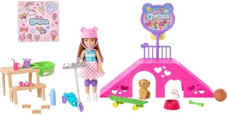 MATTEL BARBIE CHELSEA DOLL SKATE PARK PLAYSET WITH 2 PUPPIES, SCOOTER, RAMP 15 ACCESSORIES