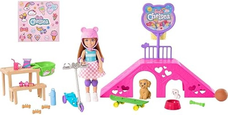 MATTEL BARBIE CHELSEA DOLL SKATE PARK PLAYSET WITH 2 PUPPIES, SCOOTER, RAMP 15 ACCESSORIES