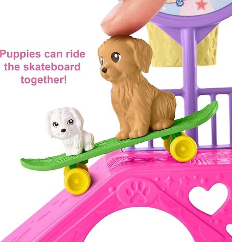 MATTEL BARBIE CHELSEA DOLL SKATE PARK PLAYSET WITH 2 PUPPIES, SCOOTER, RAMP 15 ACCESSORIES