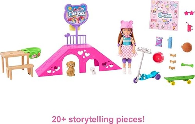 MATTEL BARBIE CHELSEA DOLL SKATE PARK PLAYSET WITH 2 PUPPIES, SCOOTER, RAMP 15 ACCESSORIES
