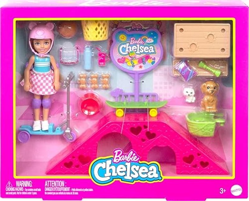 MATTEL BARBIE CHELSEA DOLL SKATE PARK PLAYSET WITH 2 PUPPIES, SCOOTER, RAMP 15 ACCESSORIES