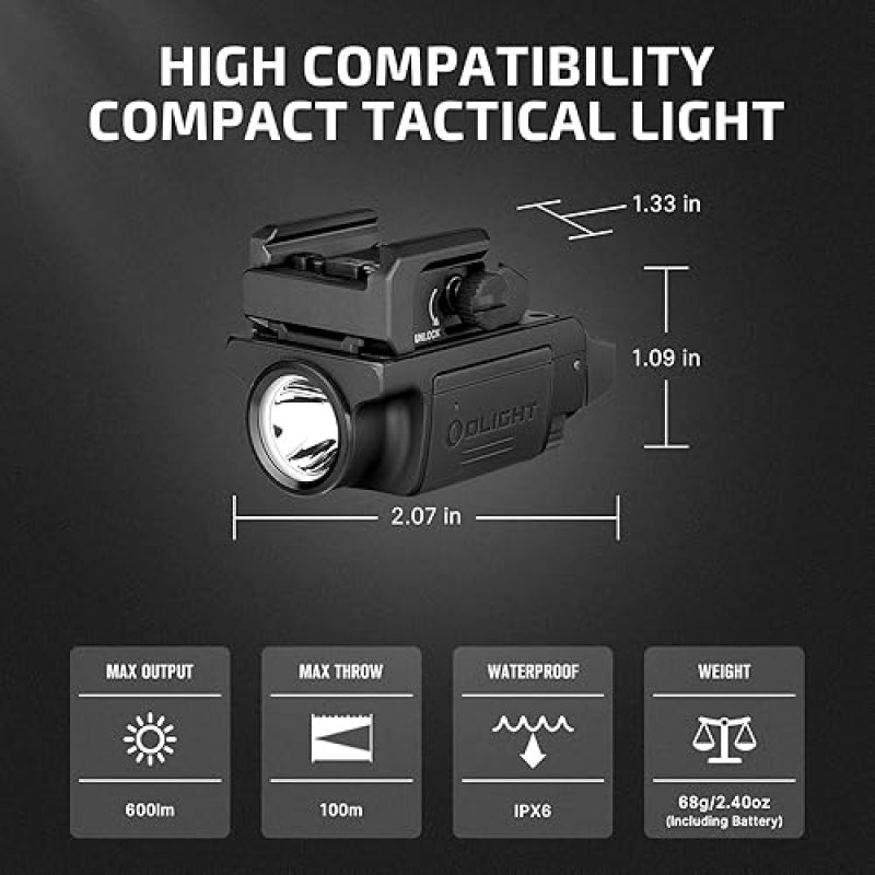 OLIGHT PL-MINI 3 VALKYRIE 600 LUMENS TACTICAL PISTOL LIGHT WITH RECHARGEABLE BATTERIES, BLACK