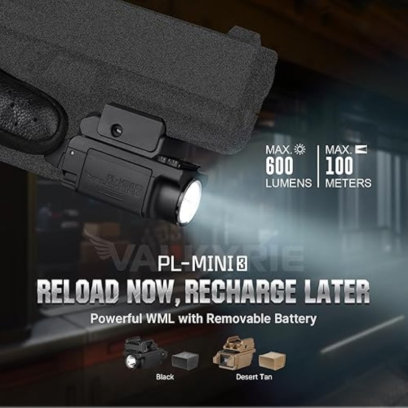 OLIGHT PL-MINI 3 VALKYRIE 600 LUMENS TACTICAL PISTOL LIGHT WITH RECHARGEABLE BATTERIES, BLACK