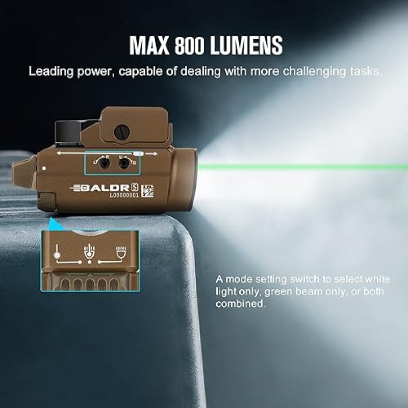 OLIGHT BALDR S 800 LUMEN COMPACT TACTICAL WEAPON LIGHT GREEN BEAM WHITE LED USB RECHARGEABLE