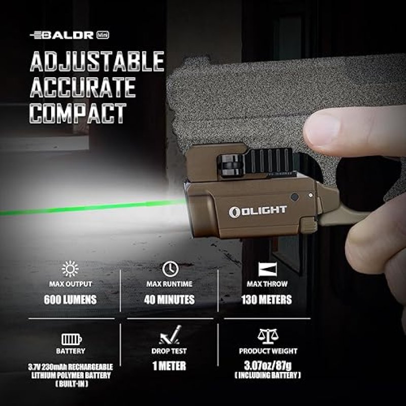 OLIGHT BALDR MINI 600 LUMEN TACTICAL FLASHLIGHT GREEN BEAM WHITE LED USB RECHARGEABLE TAN