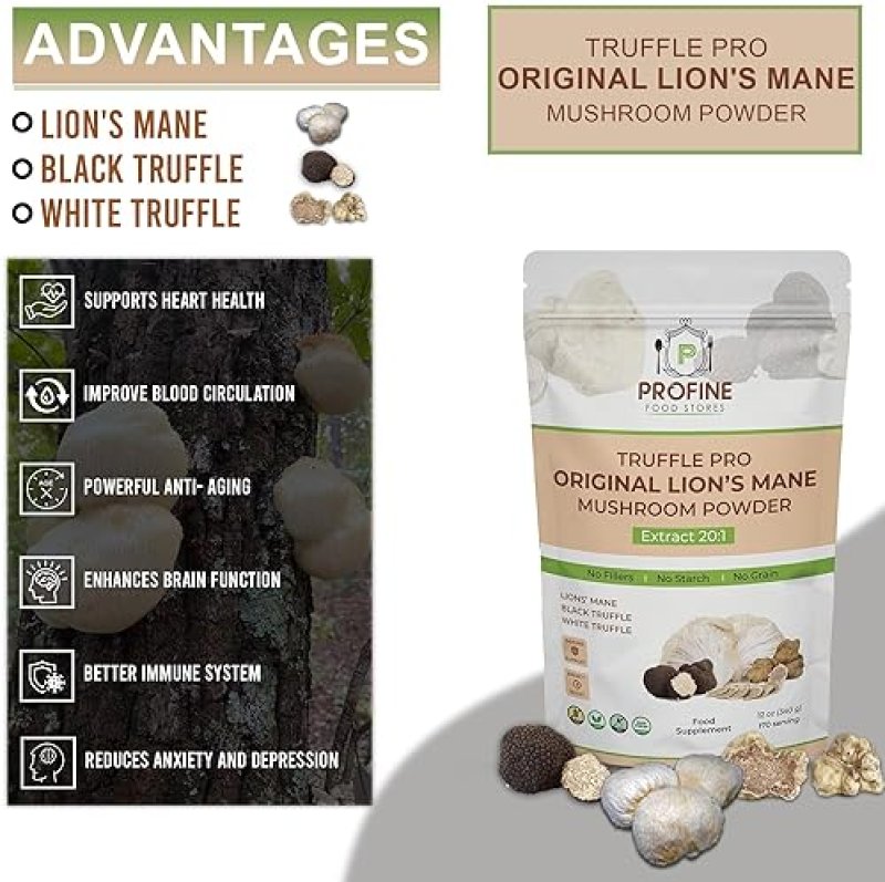 PROFINE ORGANIC LION S MANE MUSHROOM POWDER WITH BLACK WHITE TRUFFLE IMMUNE ENERGY BOOST