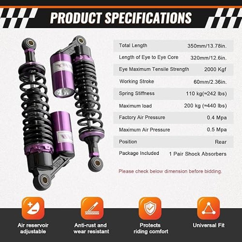 GZYF 320MM REAR AIR SHOCK ABSORBERS PAIR UNIVERSAL SUSPENSION FOR SUZUKI YAMAHA KAWASAKI ATV