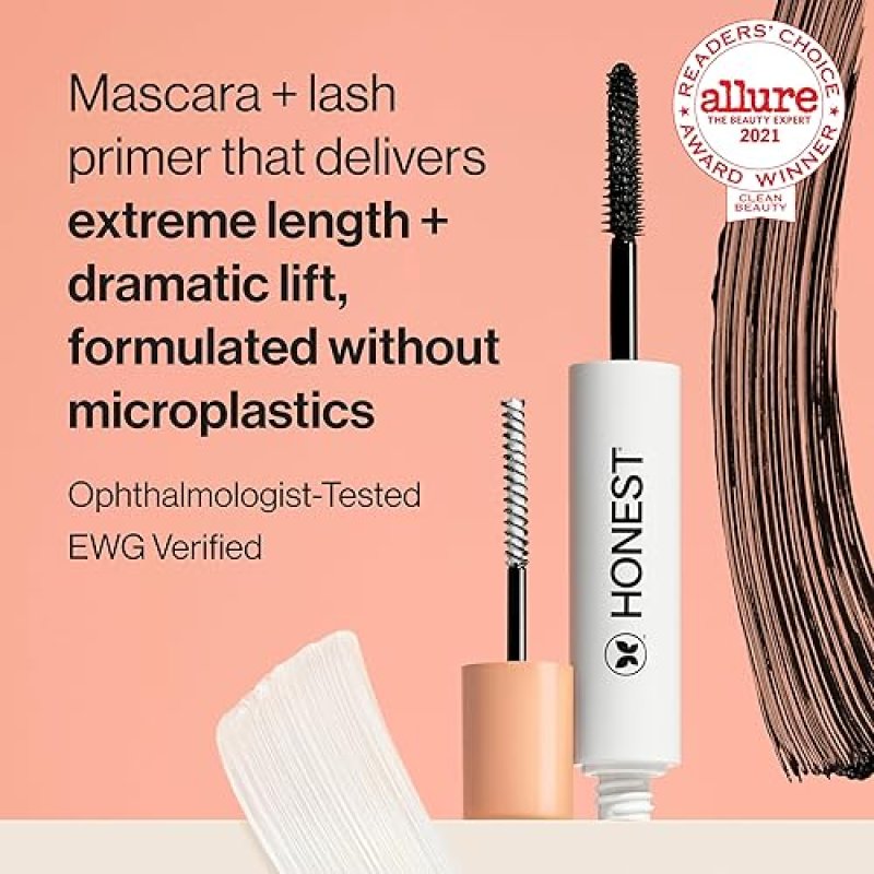 HONEST BEAUTY 2-IN-1 LENGTHENING VOLUMIZING MASCARA LASH PRIMER, BLACK, 0.27 FL OZ, CRUELTY-FREE